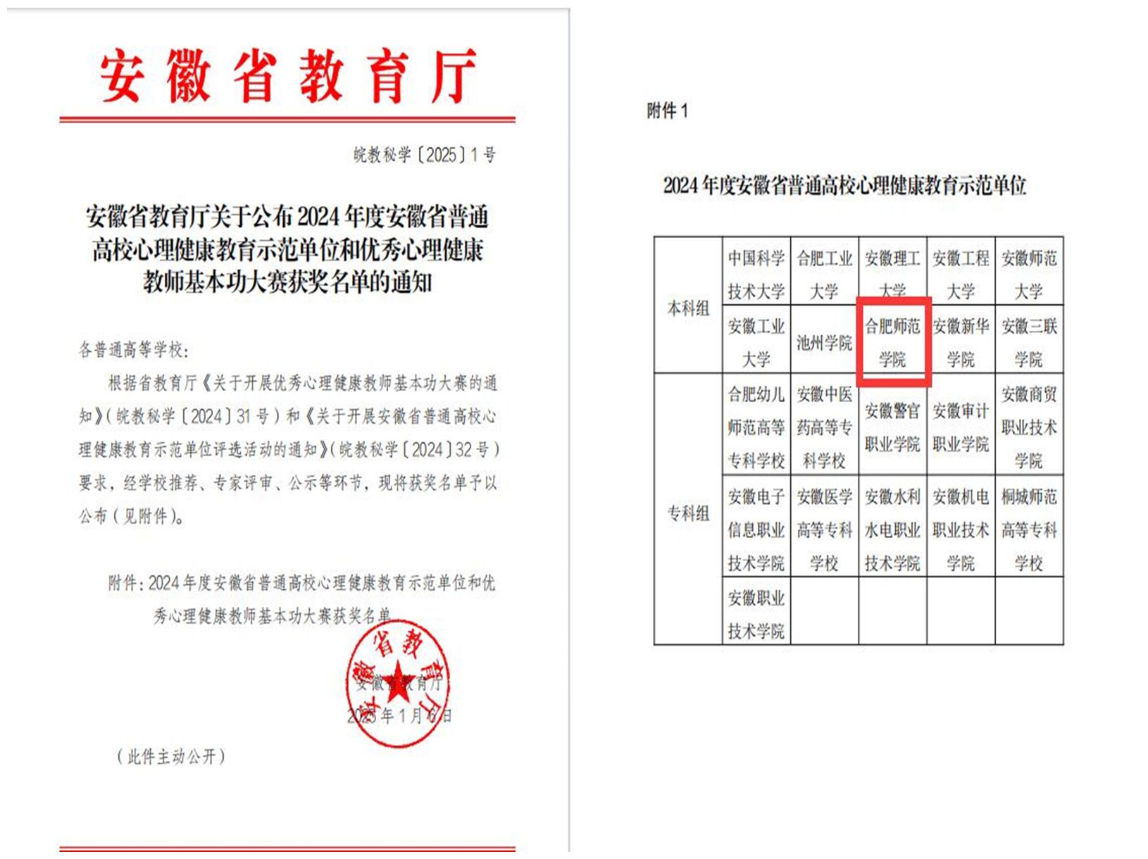 合肥师范学院获评2024年度安徽省普通高校心理健康教育示范单位